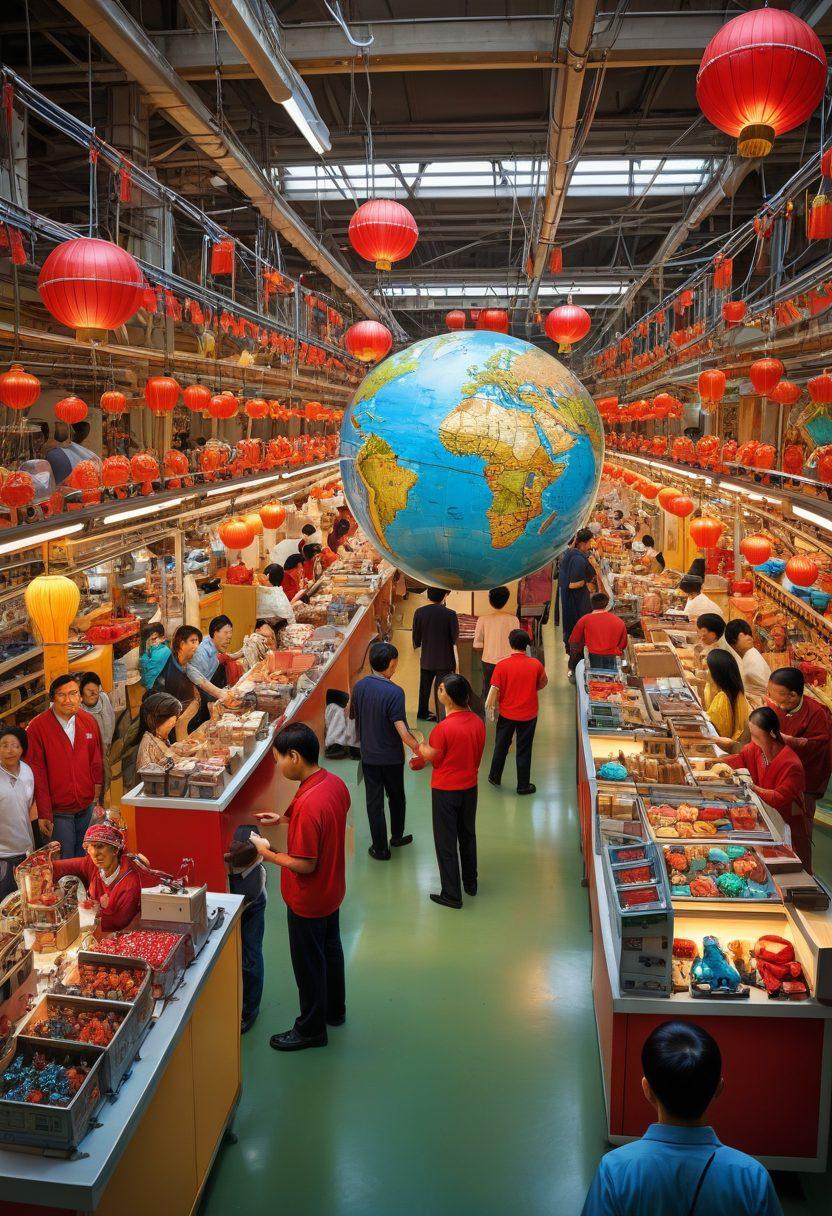 A bustling Chinese manufacturing scene with assembly lines and workers, surrounded by diverse consumer products like electronics, textiles, and toys. In the background, a globe illuminated by global trade routes connects China to various countries. Include a group of happy consumers from different cultures engaged in shopping. Vibrant colors. super-realistic.