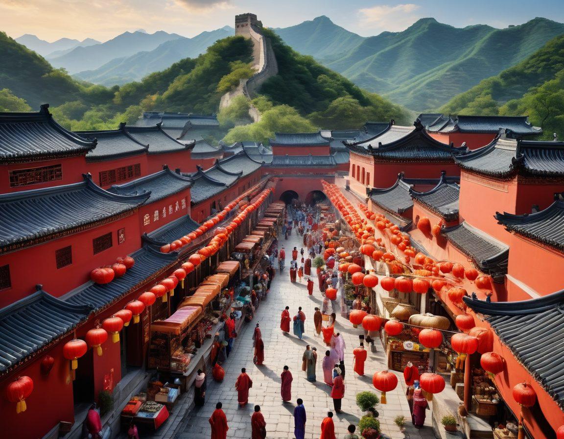 An intricate collage showing a bustling marketplace with vendors showcasing vibrant China-made goods, like silk fabrics, unique ceramics, and traditional lanterns. In the background, a scenic landscape of the Great Wall and modern skyscrapers symbolizes the blend of tradition and innovation. Overhead, floating icons of e-commerce symbols (like shopping carts and digital wallets) enhance the theme of shopping. The colors should be rich and vivid, capturing the essence of Chinese culture. super-realistic. vibrant colors.